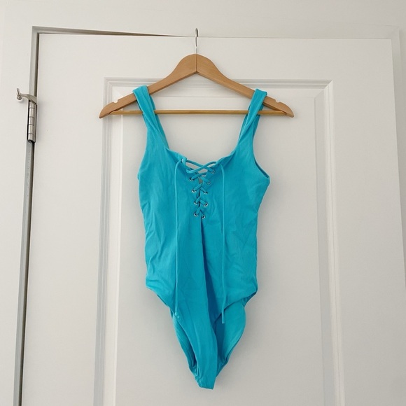 Year of Ours Football Lace Up Swim Rib One Piece Swimsuit Pisces Blue - Picture 3 of 7